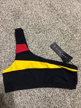 Emma Pake Asymmetrical Black Yellow Red Bikini Top